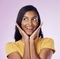Excited, beauty and face of happy Indian woman on pink background with smile, confidence and surprise. Happiness