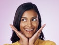 Excited, beauty and face of happy Indian woman on pink background with smile, cosmetics and surprise. Happiness, fashion