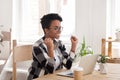 Excited black girl look at laptop happy with good news Royalty Free Stock Photo