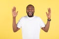 Excited Black Man Shouting In Joy Raising Arms, Yellow Background Royalty Free Stock Photo