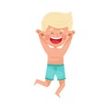 Excited Boy Character in Swimming Trunks Jumping with Joy at Sea Shore Vector Illustration Royalty Free Stock Photo