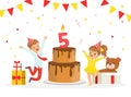 Excited Boy and Girl in Birthday Hat Jumping with Joy Near Huge Cake with Burning Number Candle Celebrating Festive Royalty Free Stock Photo