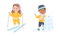 Excited Boy and Girl in Hat and Earmuffs Skiing and Building Igloo Vector Set