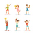 Excited Boy and Girl Winner Standing with Gold Cup and Medals as Achievement Award Vector Set Royalty Free Stock Photo