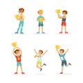 Excited Boy and Girl Winner Standing with Gold Cup and Medals as Achievement Award Vector Set Royalty Free Stock Photo