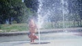 Excited boy of seven years having fun between water jets, in fountain, run around, sprinkle, have fun, have fun, on a