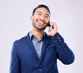 Excited, business and Asian man with success, phone call and connection against a grey studio background. Japanese male Royalty Free Stock Photo