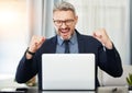 Excited business man, laptop and celebration with fist, bonus or profit with investment on stock market. Mature Royalty Free Stock Photo