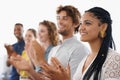 Excited, business people and applause with row in meeting for presentation, conference or team workshop. Group of Royalty Free Stock Photo