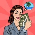 Excited Business Woman Holding Dollars. Pop Art Royalty Free Stock Photo