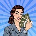 Excited Business Woman Holding Dollars. Pop Art