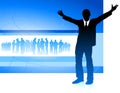 Excited businessman on blue internet background