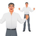 Excited businessman celebrating success with raised hands and wide smile. Isolated vector cartoon character.