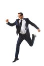 excited businessman in eyeglasses jumping and gesturing by hands Royalty Free Stock Photo
