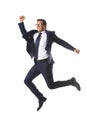 excited businessman in eyeglasses jumping and gesturing by hands Royalty Free Stock Photo