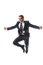 excited businessman in eyeglasses jumping and gesturing by hands Royalty Free Stock Photo