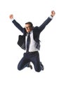 excited businessman in eyeglasses jumping with raised wide arms Royalty Free Stock Photo