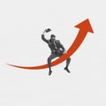 Excited businessman flying on drawn ornage arrow isolated over white background. Concept of business, art, psychology of Royalty Free Stock Photo