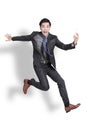 Excited businessman jumping and holding mobile phone.  Isolated on white background Royalty Free Stock Photo