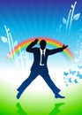 Excited businessman jumping on rainbow background Royalty Free Stock Photo