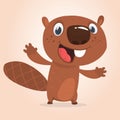 Excited cartoon beaver waving with his hands. Brown beaver mascot. Vector illustration. Royalty Free Stock Photo