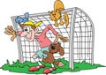 Excited cartoon goalkeeper waiting the shot with his pet friends vector