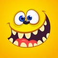 Excited cartoon monster face avatar. Vector Halloween orange monster with big mouth full of teeth