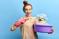 Excited cheerful attractive girl pointing at clean dog Royalty Free Stock Photo