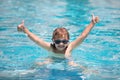 Excited child relax in summer swimming pool. Children play in tropical resort. Family beach vacation. Royalty Free Stock Photo