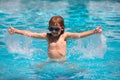 Excited child in sunglasses in pool in summer day. Child in summer swimming pool splashing in water having fun leisure Royalty Free Stock Photo