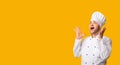 Cook Man Screaming Holding Hands Near Mouth, Yellow Background, Panorama Royalty Free Stock Photo