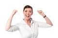 Excited corporate lady with clenched fists