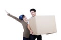 Excited couple bring box - isolated
