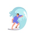 Excited crazy man character extremely riding surfboard in ocean sea water surface cartoon design