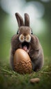 Excited cute Easter bunny eating an chocolate Easter egg in the grass Royalty Free Stock Photo