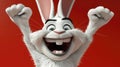 Excited 3D-rendered rabbit raising hands on a red background.