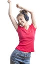 Excited Dancing Blond Girl in Casual Clothing Posing In Headphones in Various Dance Positions Over White Royalty Free Stock Photo