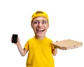 Excited delivery man. Funny man with a caricature face isolated over white background. Cartoon style character with big