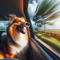 Excited dog loves traveling in car, looking through window