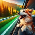 Excited dog loves traveling in car, looking through window