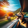 Excited dog loves traveling in car, looking through window