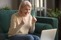 Overjoyed mature woman feel euphoric using laptop