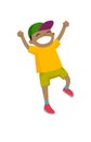 African-american boy jumping with raised hands up.