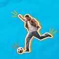 Excited and emotional young man in casual clothes hitting ball, playing football over blue background Royalty Free Stock Photo