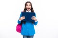 Excited face. Back to school. Teenager school girl hold book and copybook ready to learn. School children with school Royalty Free Stock Photo