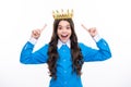 Excited face. Girls party, funny kid in crown. Child queen wear diadem tiara. Cute little princess portrait. Amazed