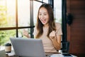 Excited female feeling winner rejoicing online win got new job on laptop Royalty Free Stock Photo