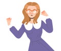 Excited Female in Glasses with Clenched Fists Cheering About Good News Expressing Emotion Vector Illustration