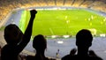 Excited football fans cheering team during soccer match at crowded stadium