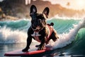 Excited French Bulldog puppy catching waves on beach, surfing